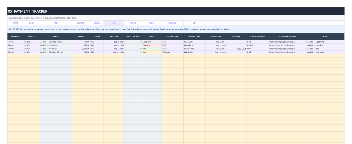 Payment tracker sheet