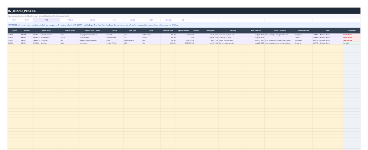 Creator Brand Deal OS brand pipeline with fictional sample data